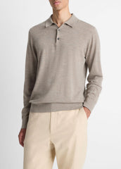 Featherweight Merino Wool-Cashmere Polo Sweater in Long Sleeve - HEATHER SMOKE