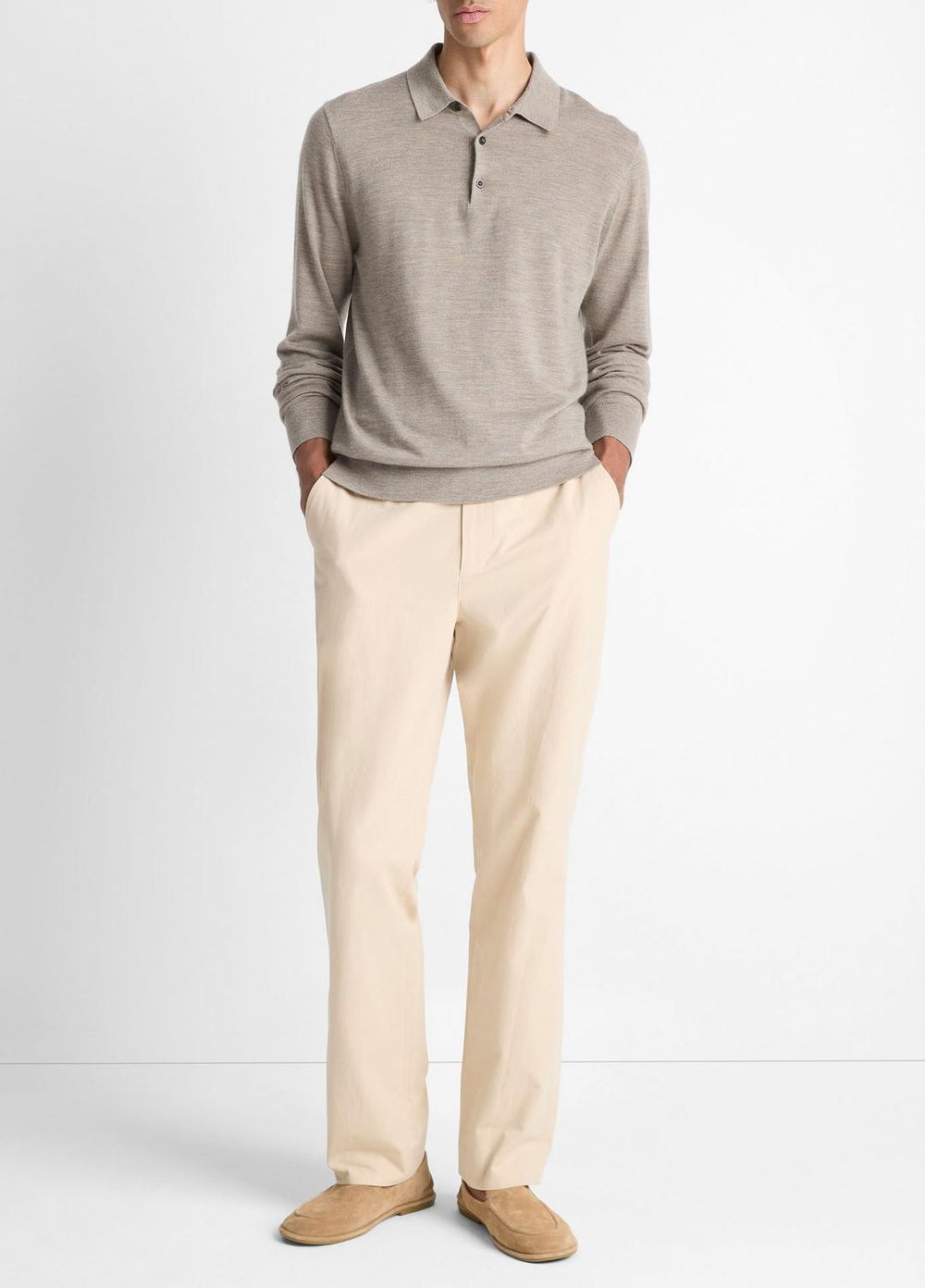 Featherweight Merino Wool-Cashmere Polo Sweater in Long Sleeve - HEATHER SMOKE