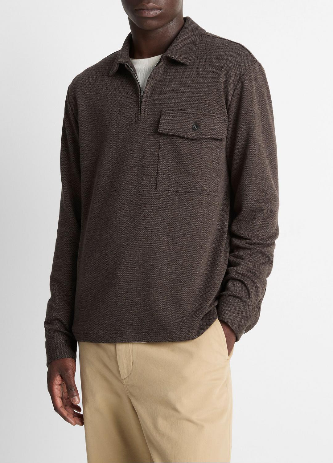 Herringbone Cotton-Blend Zip Polo Shirt in Henleys & Polos - HEATHER DARK ROAST/BLACK
