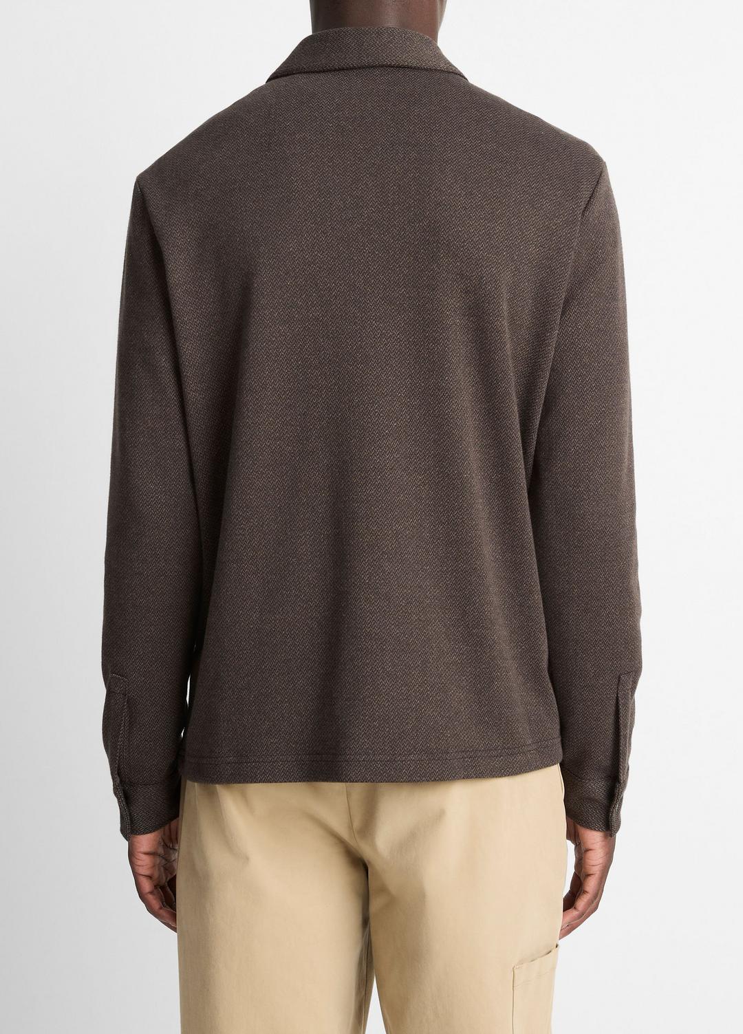 Herringbone Cotton-Blend Zip Polo Shirt in Henleys & Polos - HEATHER DARK ROAST/BLACK