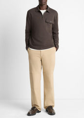 Herringbone Cotton-Blend Zip Polo Shirt in Henleys & Polos - HEATHER DARK ROAST/BLACK