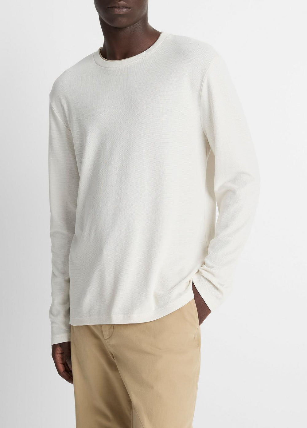 Micro-Waffle Pima Cotton Double-Collar Long-Sleeve T-Shirt in Long Sleeve - BLANCO/TERRAPIN
