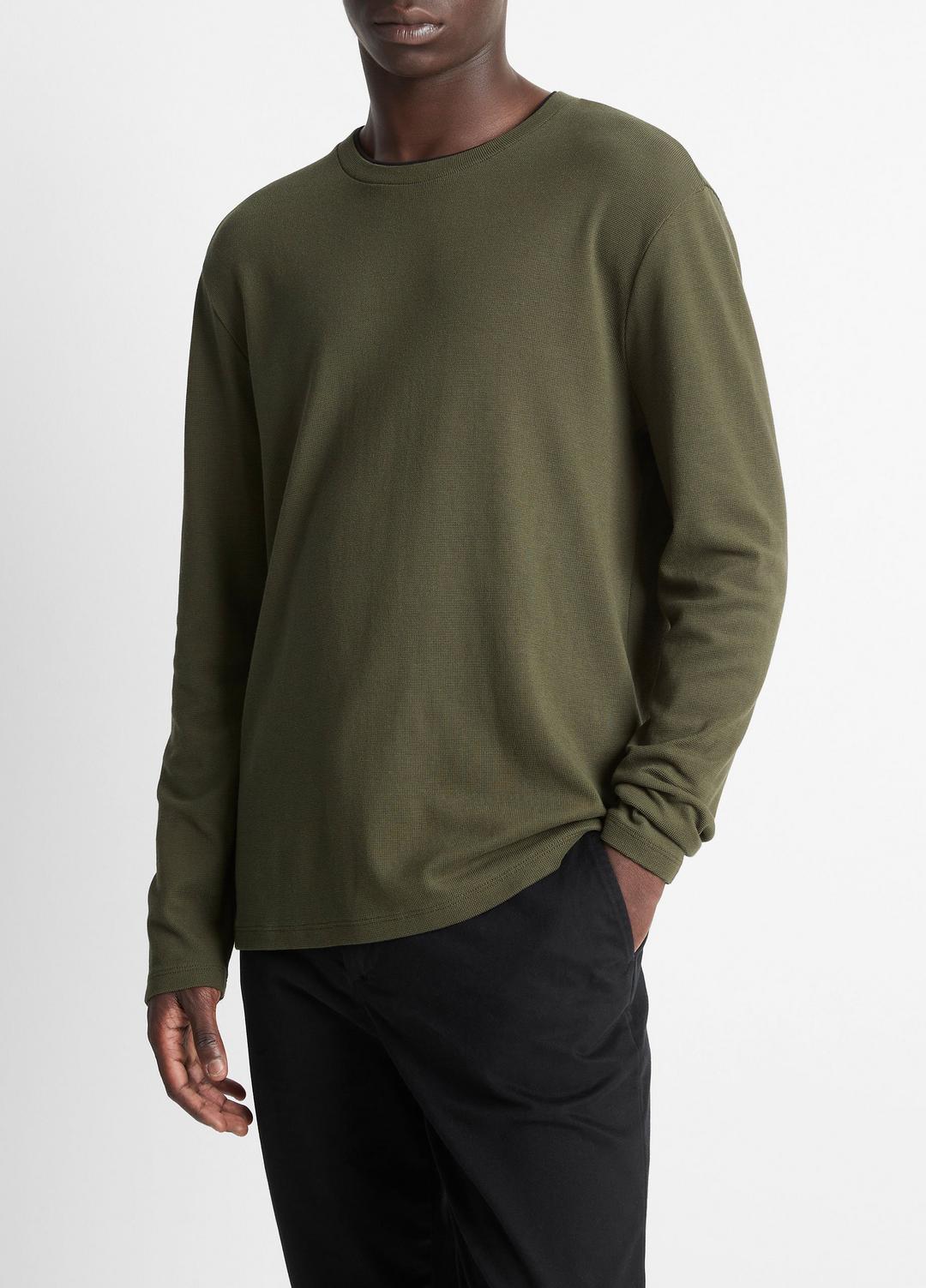 Micro-Waffle Pima Cotton Double-Collar Long-Sleeve T-Shirt in Long Sleeve - DRIVER GREEN/BLACK