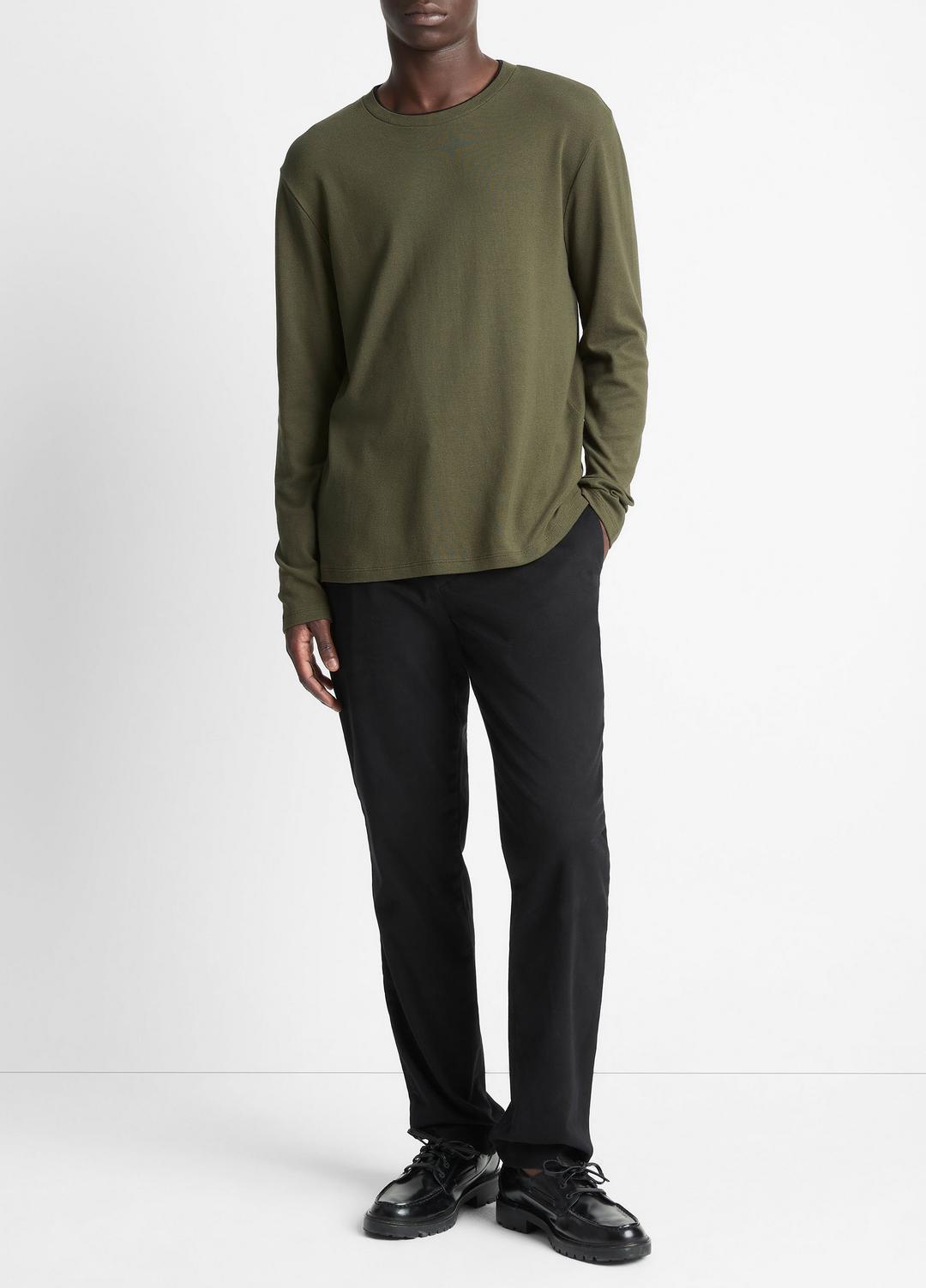 Micro-Waffle Pima Cotton Double-Collar Long-Sleeve T-Shirt in Long Sleeve - DRIVER GREEN/BLACK
