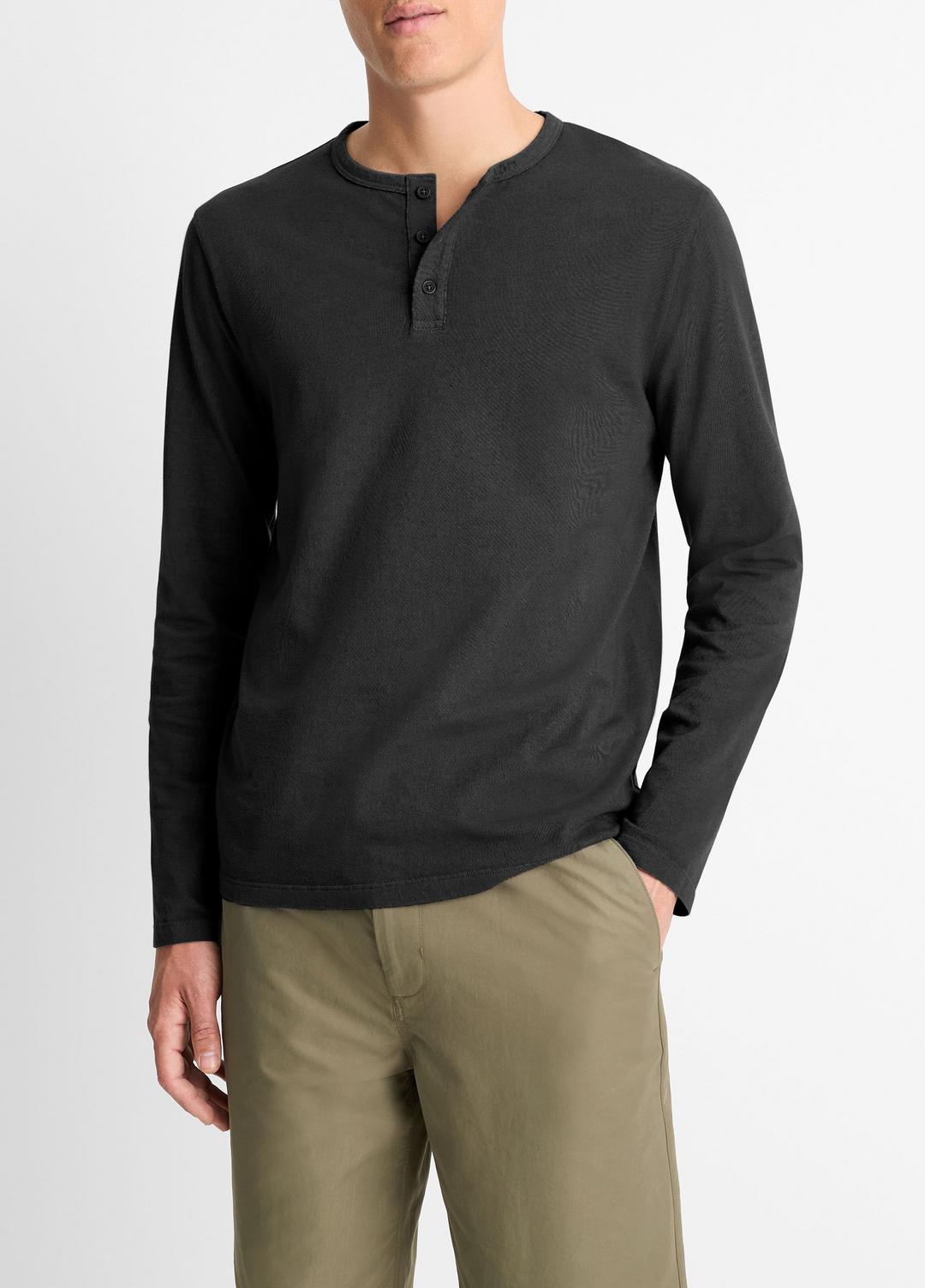 Garment Dye Cotton Long-Sleeve Henley in Henleys & Polos - TRUE BLACK