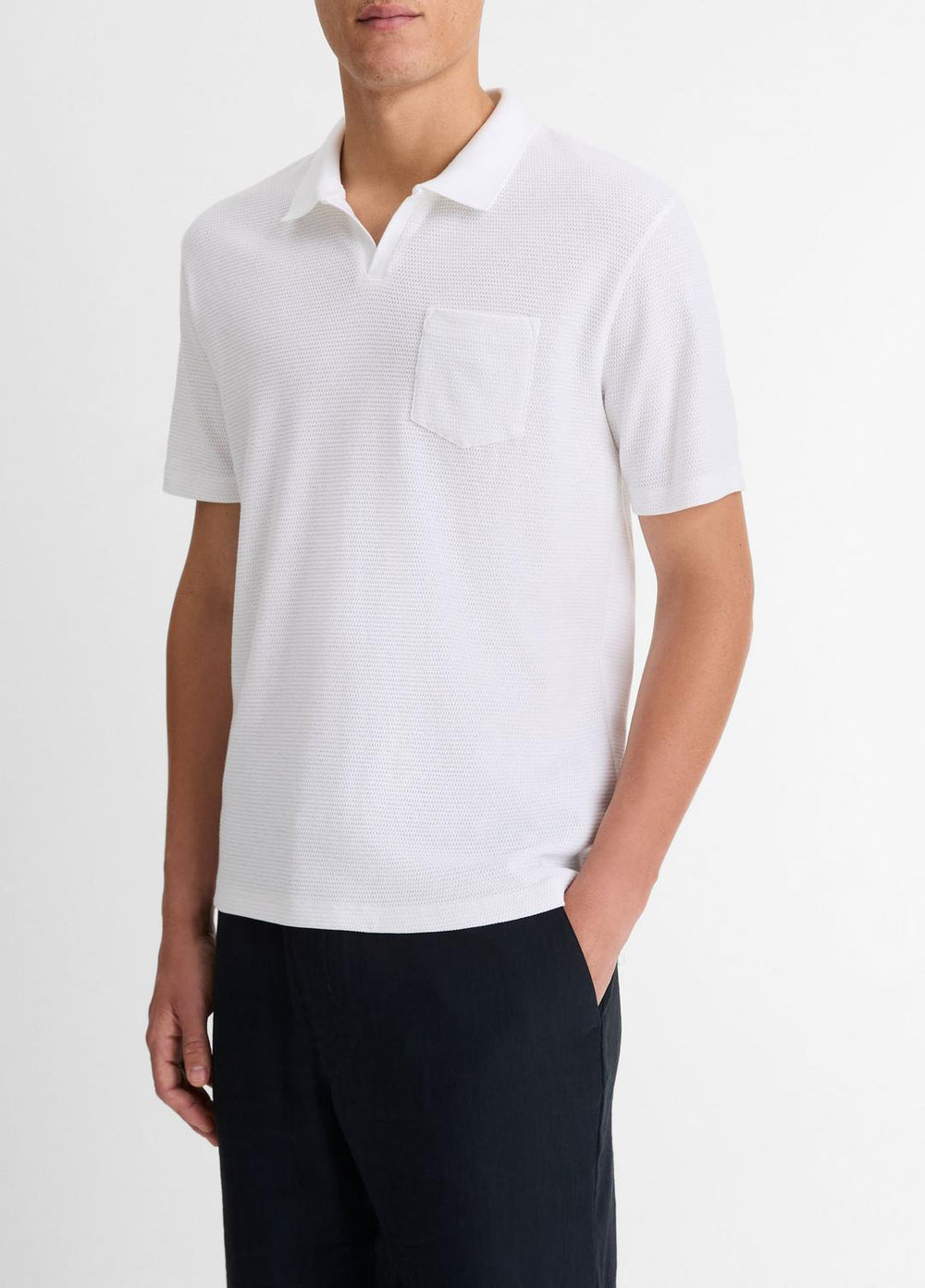 Cotton-Blend Johnny-Collar Polo Shirt in Short Sleeve - OPTIC WHITE