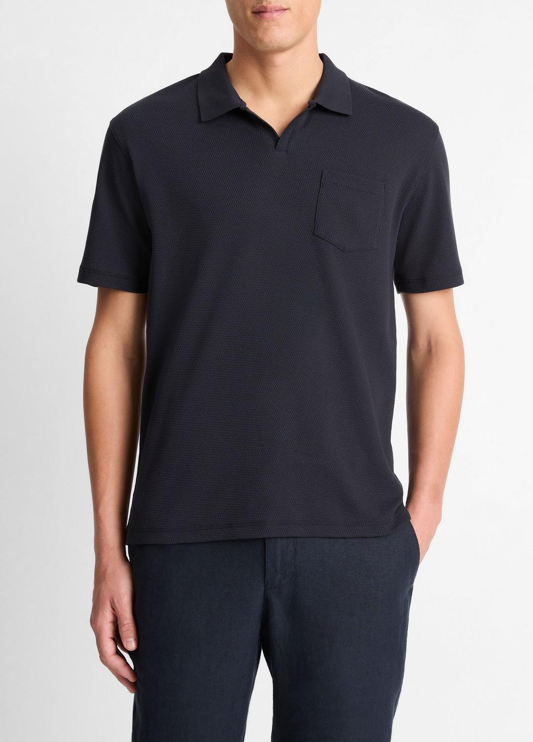 Cotton-Blend Johnny-Collar Polo Shirt in Short Sleeve - COASTAL BLUE