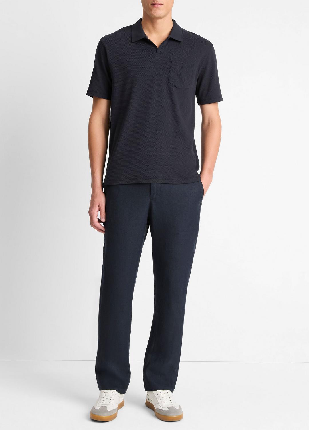 Cotton-Blend Johnny-Collar Polo Shirt in Short Sleeve - COASTAL BLUE