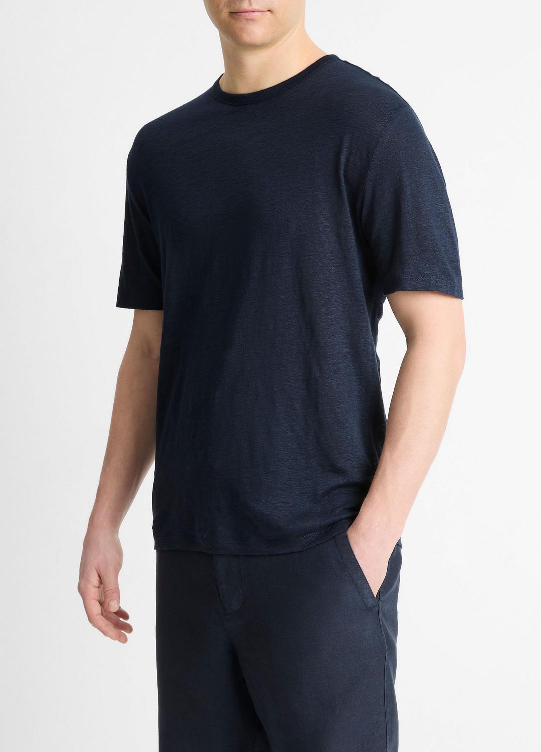 Linen Crew Neck T-Shirt in Short Sleeve - COASTAL BLUE