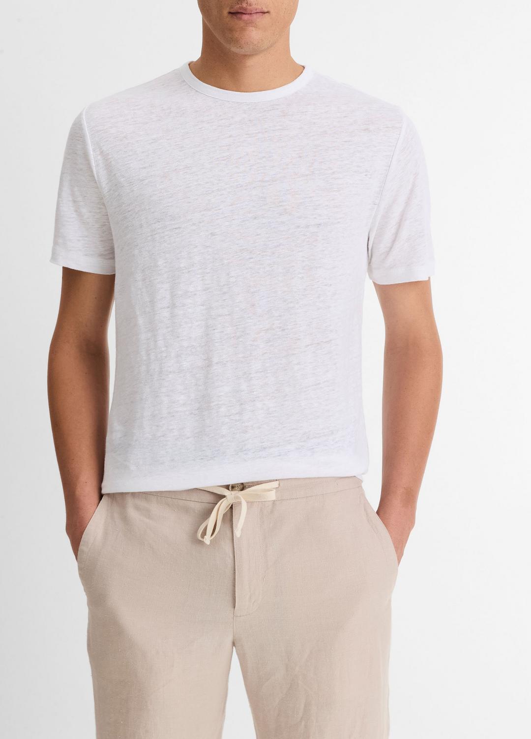 Linen Crew Neck T-Shirt in Short Sleeve - OPTIC WHITE