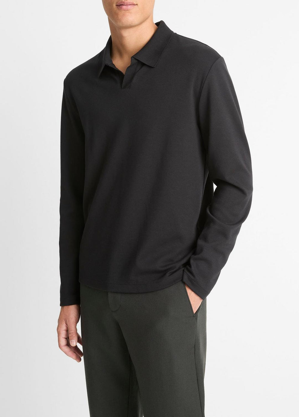 Milano Pima Cotton-Blend Johnny-Collar Shirt in Long Sleeve - BLACK