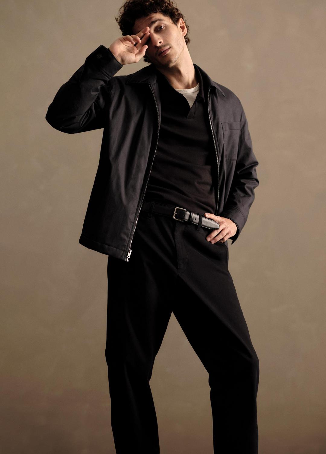 Milano Pima Cotton-Blend Johnny-Collar Shirt in Long Sleeve - BLACK