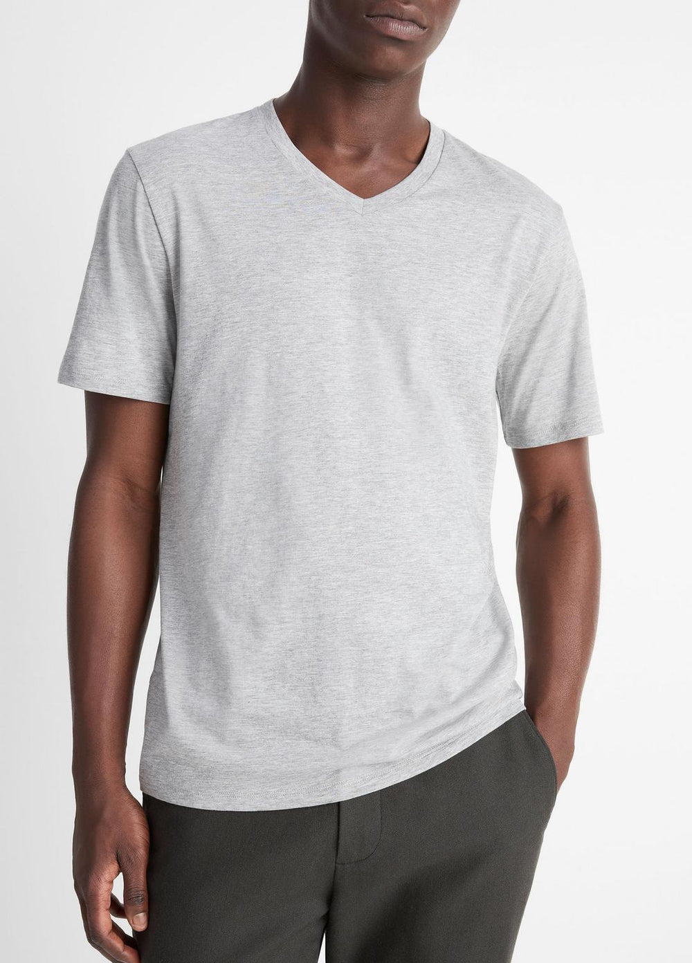 Pima Cotton V-Neck T-Shirt in Short Sleeve - HEATHER STEEL