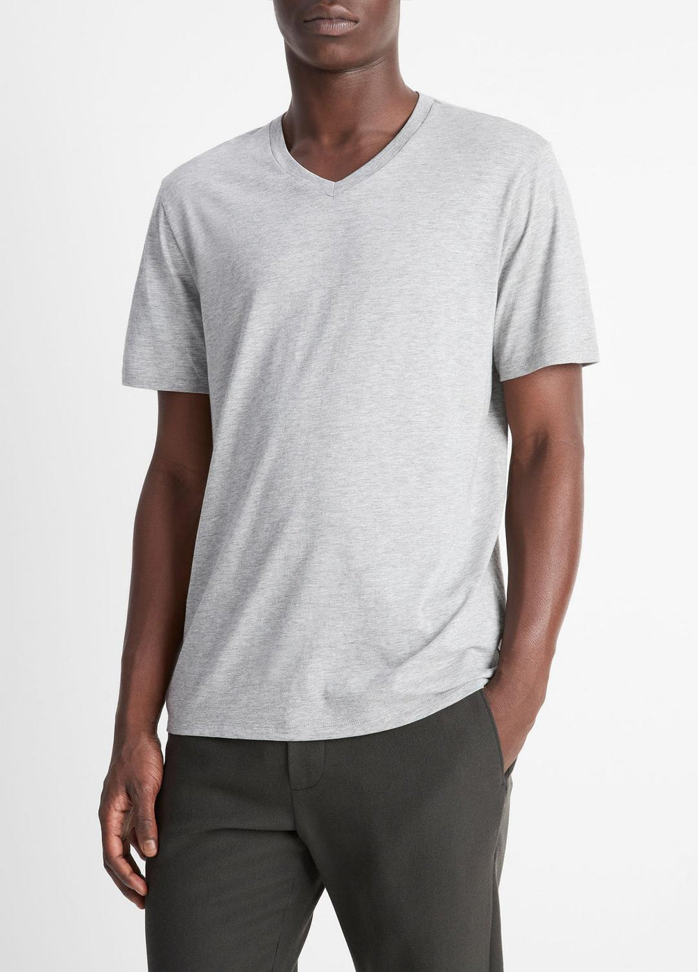 Pima Cotton V-Neck T-Shirt in Short Sleeve - HEATHER STEEL