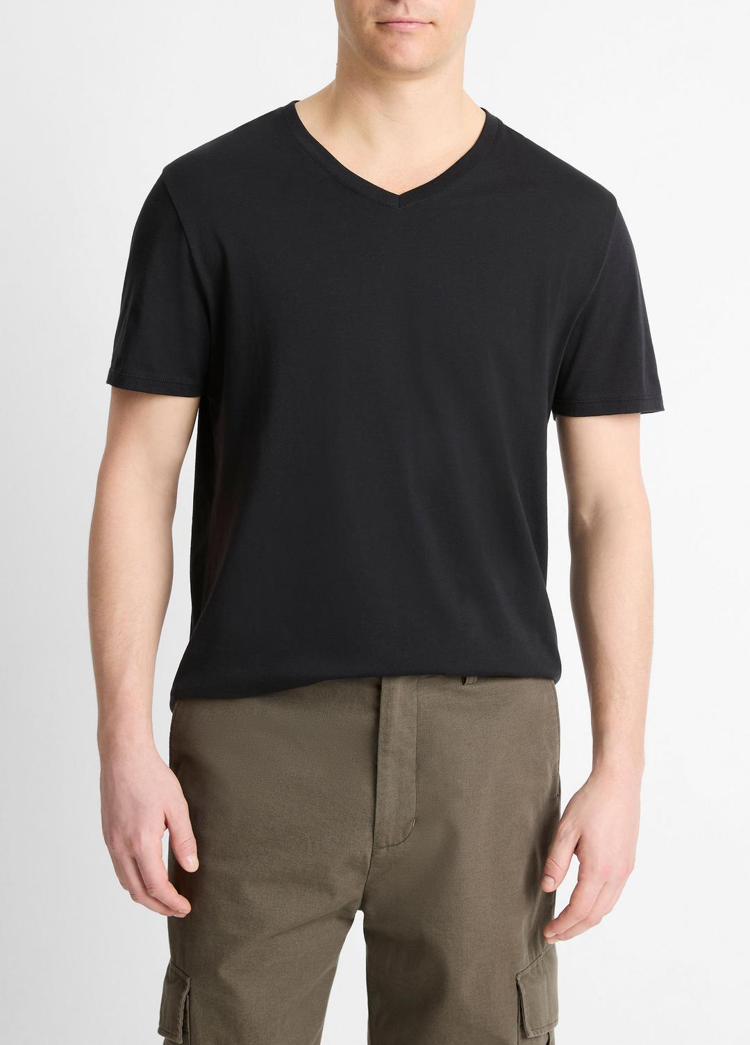 Pima Cotton V-Neck T-Shirt in Short Sleeve - BLACK