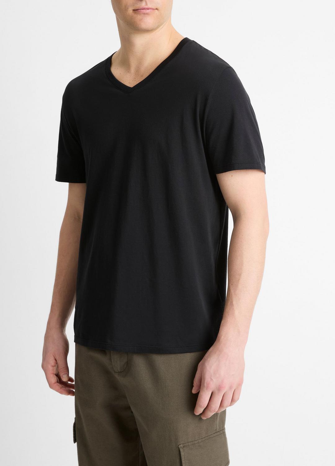 Pima Cotton V-Neck T-Shirt in Short Sleeve - BLACK