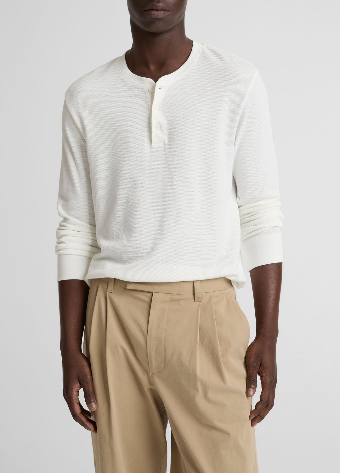 Jacquard-Rib Cotton Henley in Long Sleeve - OFF WHITE
