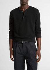 Jacquard-Rib Cotton Henley in Long Sleeve - BLACK
