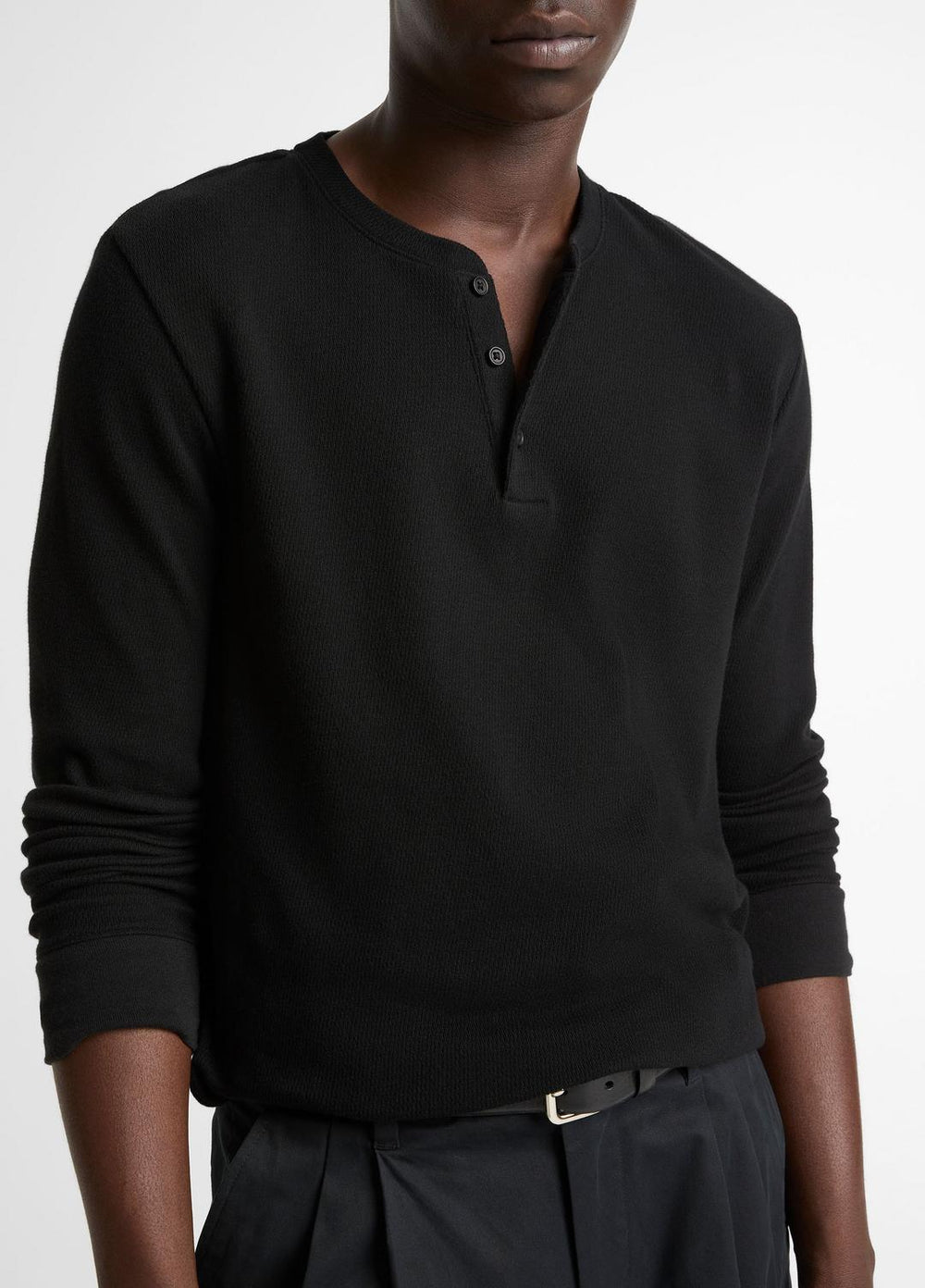 Jacquard-Rib Cotton Henley in Long Sleeve - BLACK