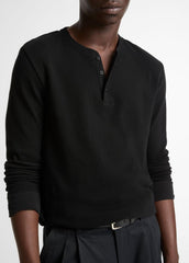 Jacquard-Rib Cotton Henley in Long Sleeve - BLACK
