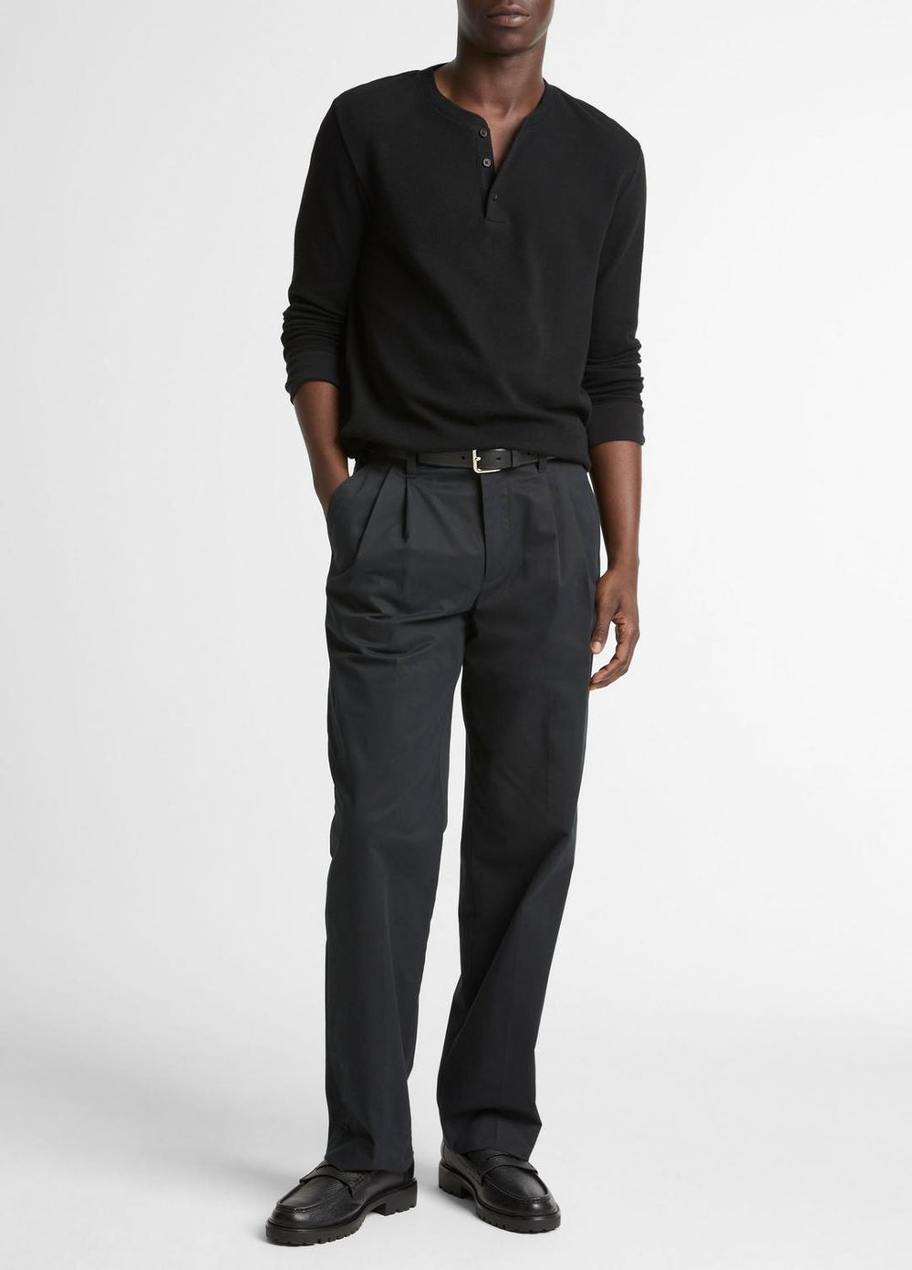 Jacquard-Rib Cotton Henley in Long Sleeve - BLACK