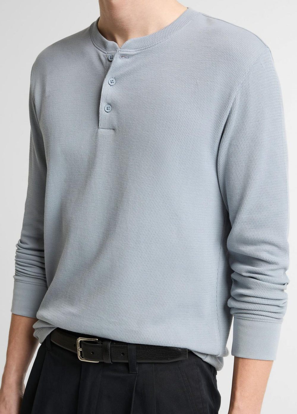 Jacquard-Rib Cotton Henley in Long Sleeve - STEEL BLUE