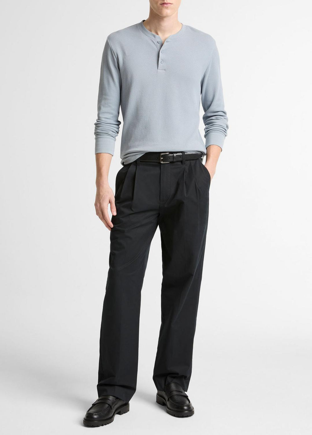Jacquard-Rib Cotton Henley in Long Sleeve - STEEL BLUE