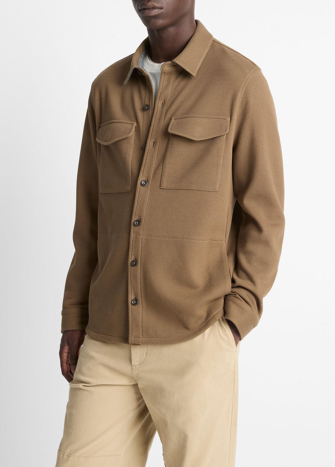 Double-Knit Cotton-Blend Piqué Shirt Jacket in Shirt Jackets - HIGHLANDS/MEDIUM HEATHER GREY