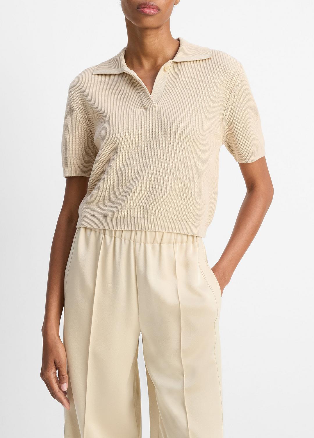 Ribbed Silk-Cotton Polo Sweater in Sweaters - PALE CANYON