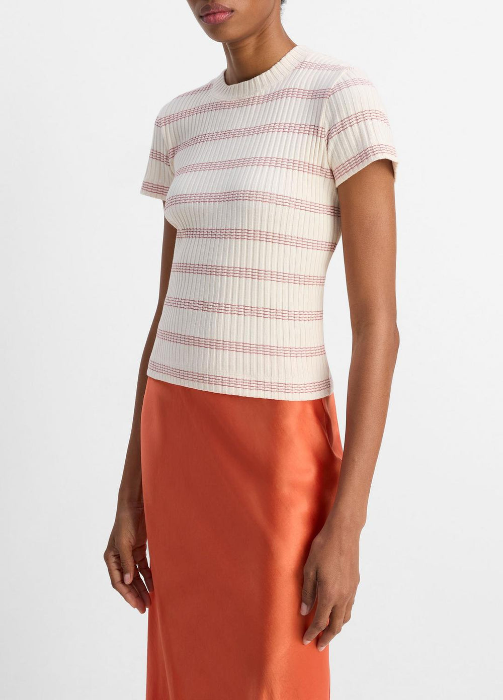 Striped Ribbed Cotton-Blend Top in Shirts & Tees - OAT SHELL COMBO