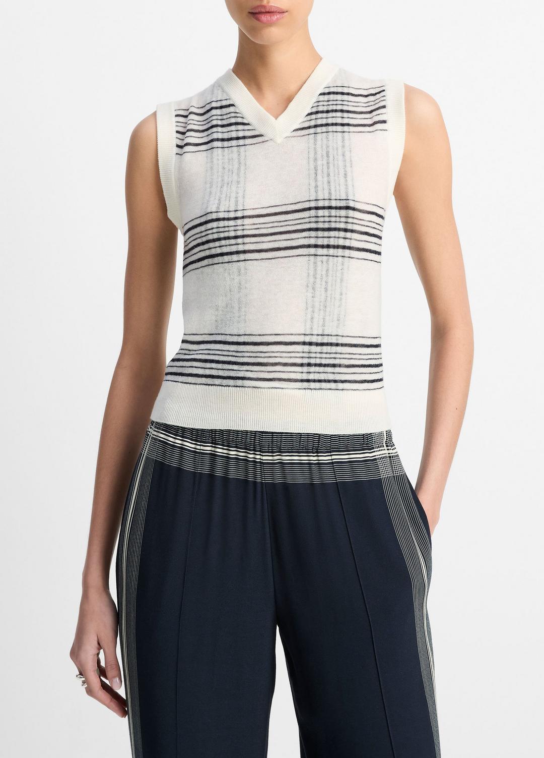 Featherweight Plaid Wool Sweater Vest in Sweaters - OFF WHITE/COASTAL BLUE