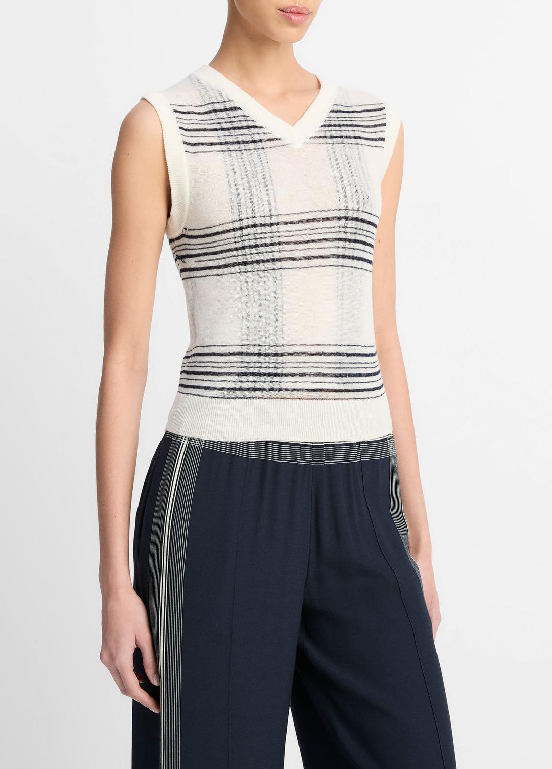 Featherweight Plaid Wool Sweater Vest in Sweaters - OFF WHITE/COASTAL BLUE