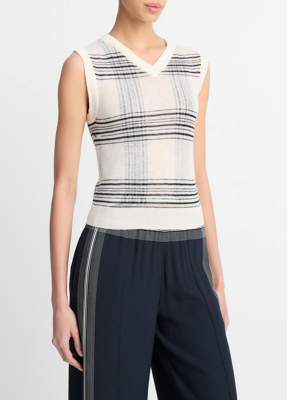 Featherweight Plaid Wool Sweater Vest in Sweaters - OFF WHITE/COASTAL BLUE