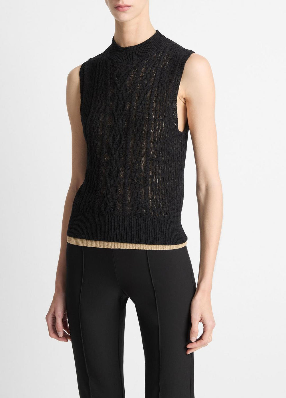 Cable Cotton-Blend Double-Layer Shell in Sweaters - BLACK/GOLD CLIFF