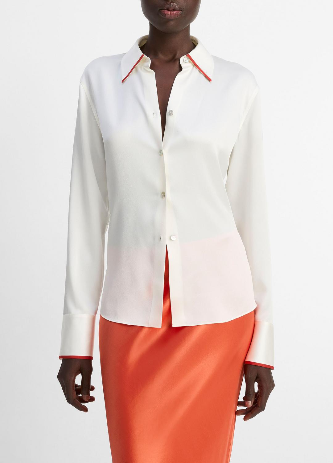 Tipped Silk Button-Front Blouse in Shirts & Tees - OFF WHITE/BRICK ROSE