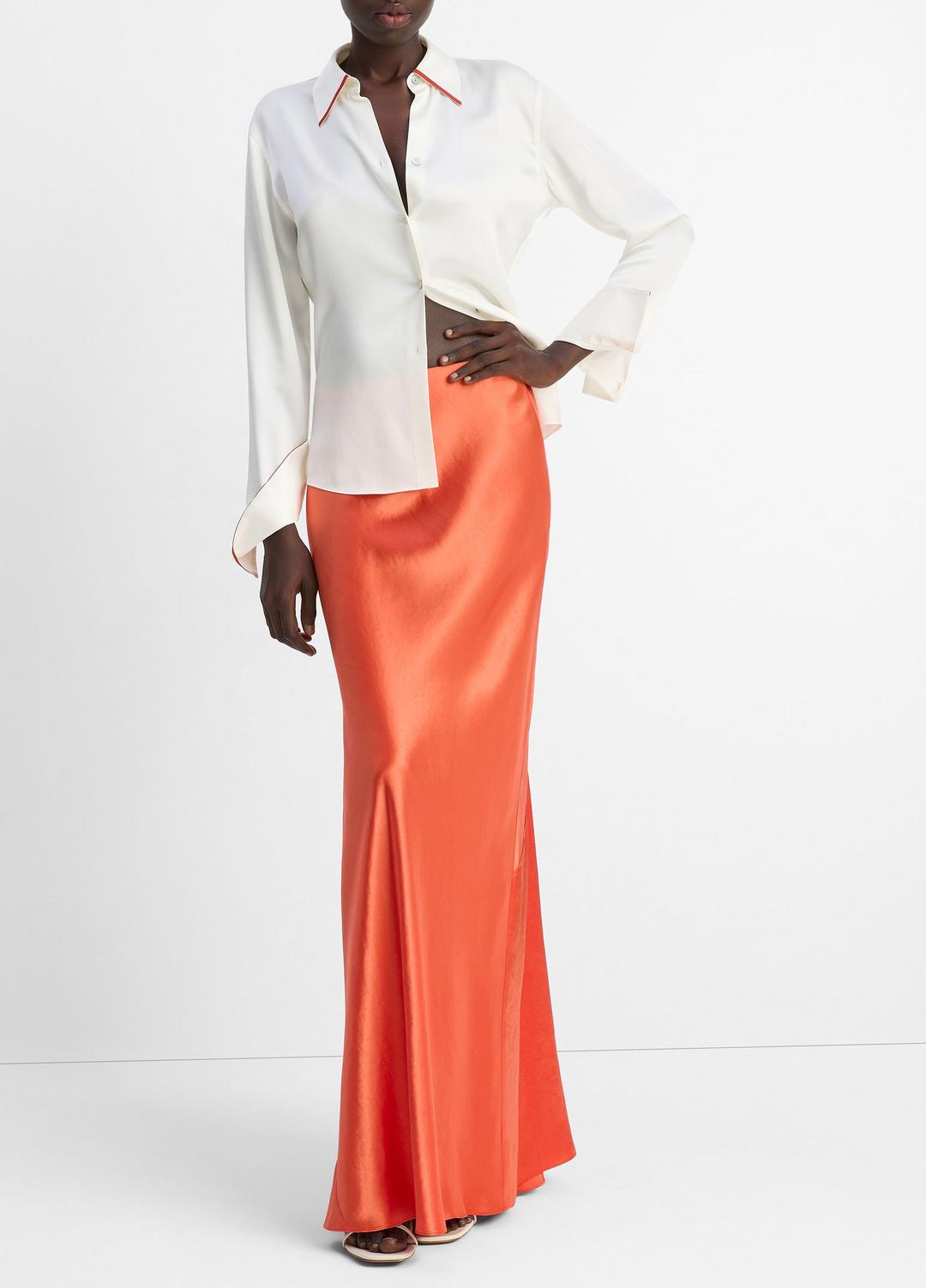 Tipped Silk Button-Front Blouse in Shirts & Tees - OFF WHITE/BRICK ROSE