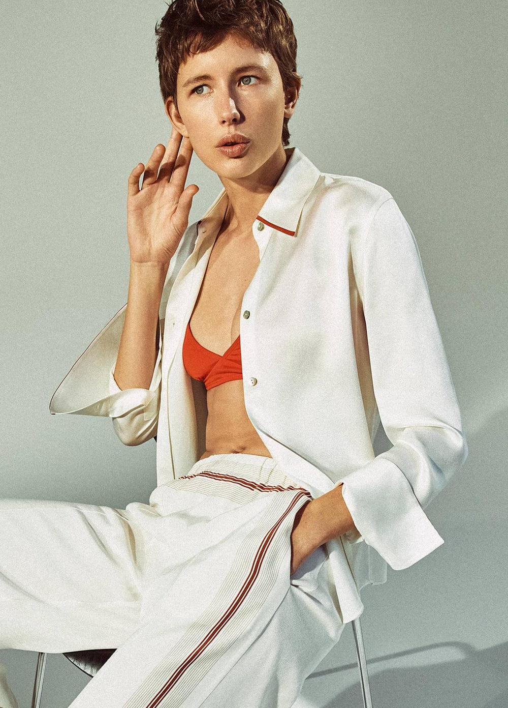 Tipped Silk Button-Front Blouse in Shirts & Tees - OFF WHITE/BRICK ROSE