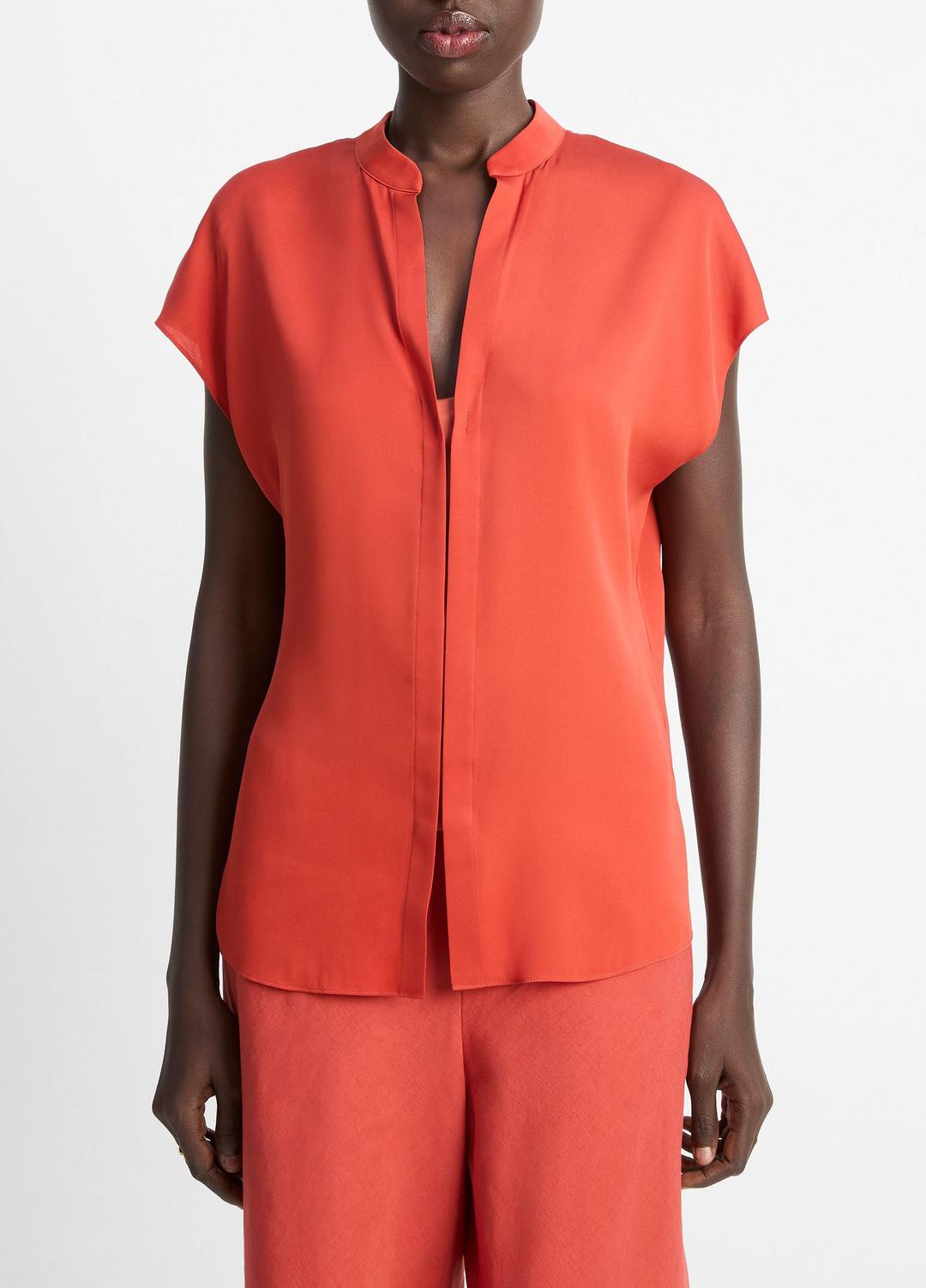 Contrast-Placket Stretch-Silk Cap-Sleeve Blouse in Shirts & Tees - BRICK ROSE/RED
