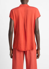 Contrast-Placket Stretch-Silk Cap-Sleeve Blouse in Shirts & Tees - BRICK ROSE/RED