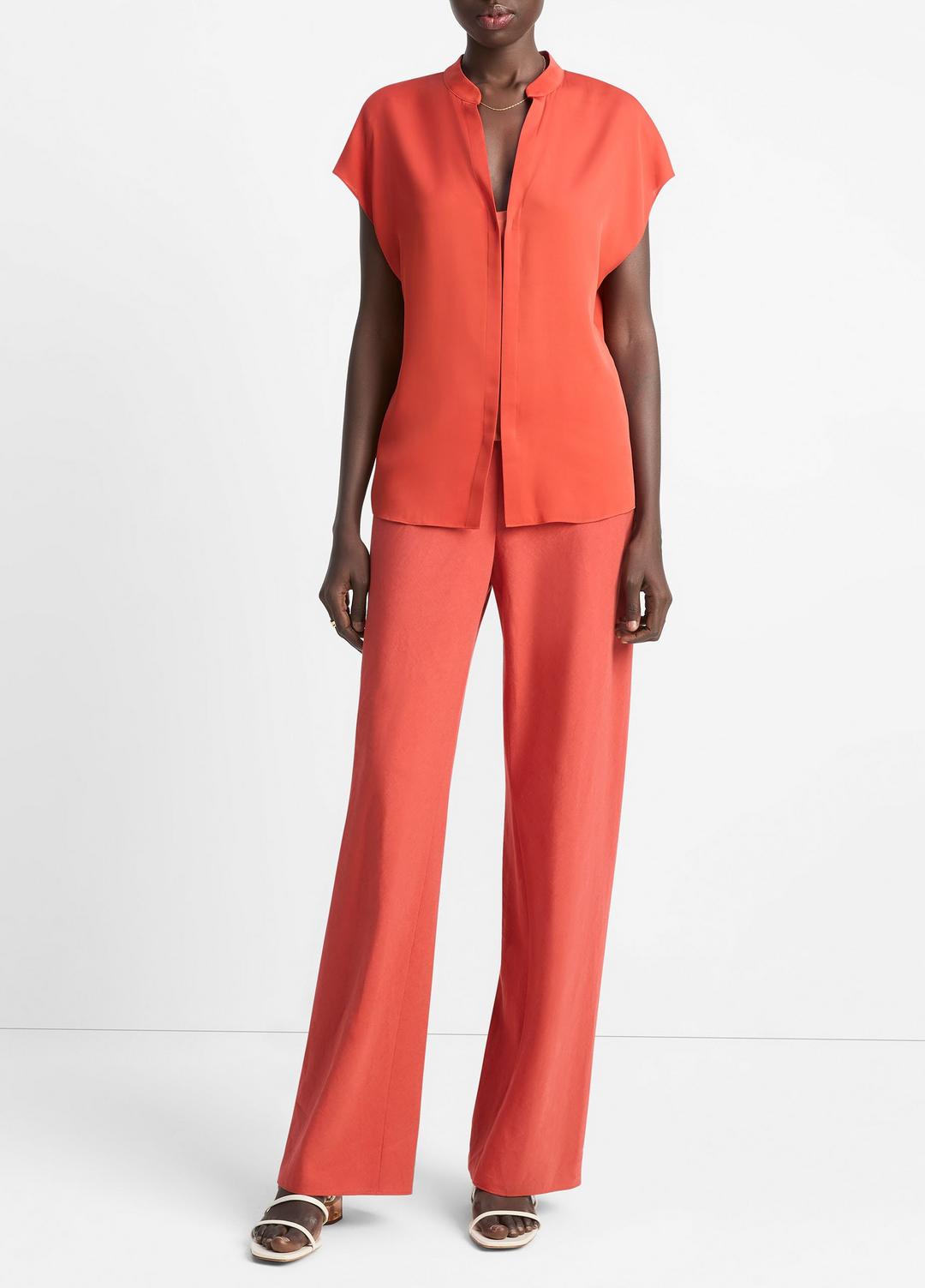 Contrast-Placket Stretch-Silk Cap-Sleeve Blouse in Shirts & Tees - BRICK ROSE/RED
