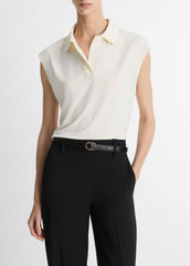 Matte Jersey Cap-Sleeve Polo Top in Shirts & Tees - IVORY