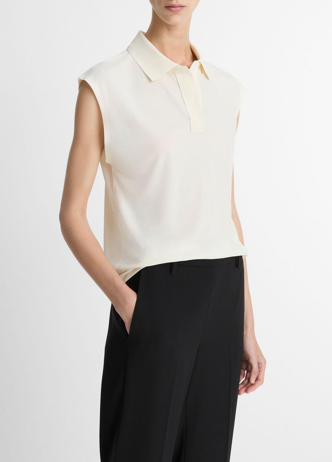 Matte Jersey Cap-Sleeve Polo Top in Shirts & Tees - IVORY