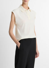 Matte Jersey Cap-Sleeve Polo Top in Shirts & Tees - IVORY