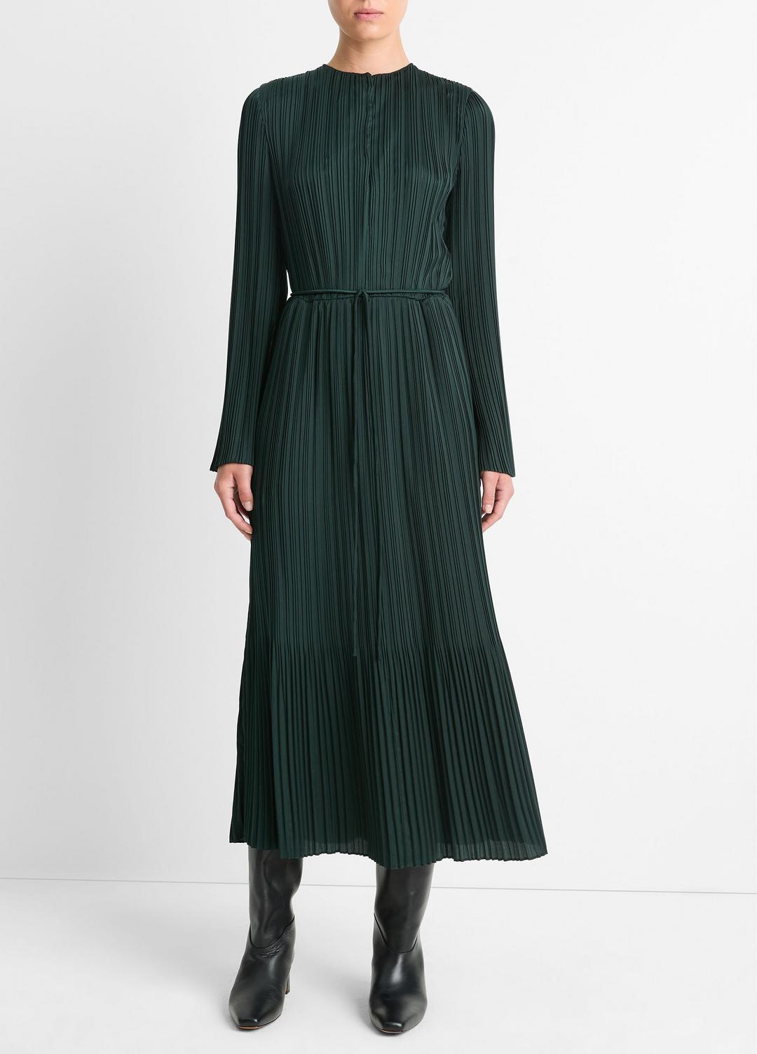 Pleated Satin Long-Sleeve Dress in Dresses & Skirts - MARINE PINE