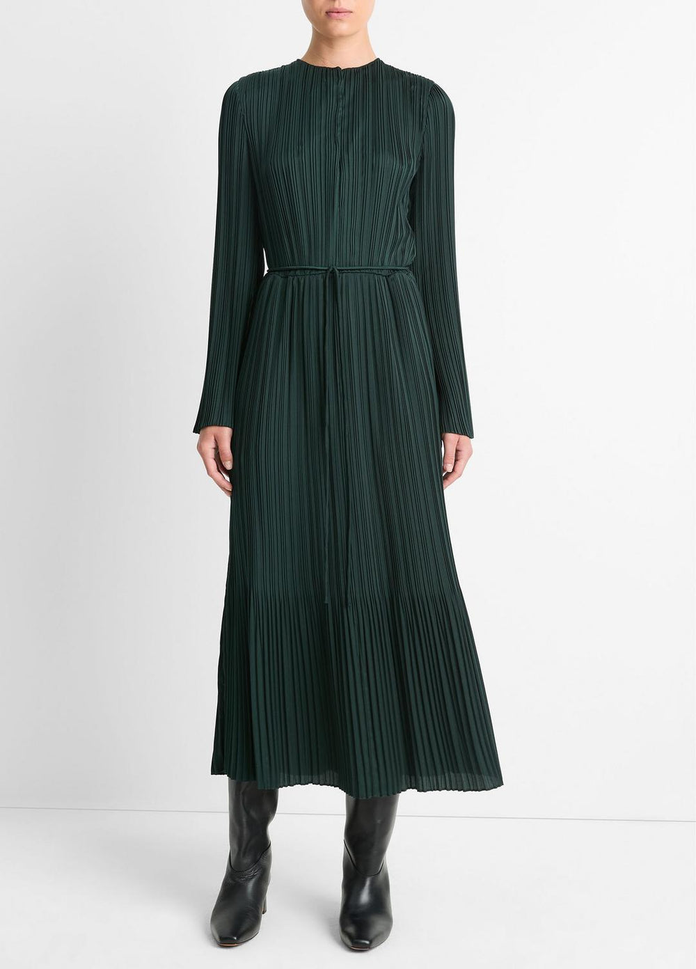 Pleated Satin Long-Sleeve Dress in Dresses & Skirts - MARINE PINE
