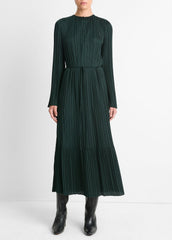 Pleated Satin Long-Sleeve Dress in Dresses & Skirts - MARINE PINE