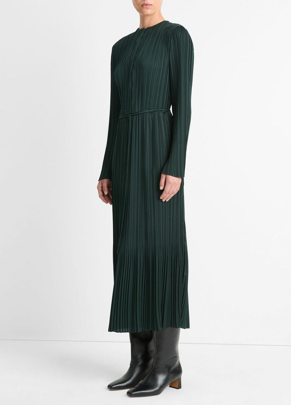 Pleated Satin Long-Sleeve Dress in Dresses & Skirts - MARINE PINE