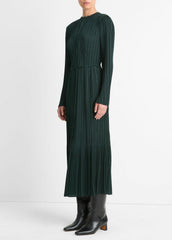 Pleated Satin Long-Sleeve Dress in Dresses & Skirts - MARINE PINE