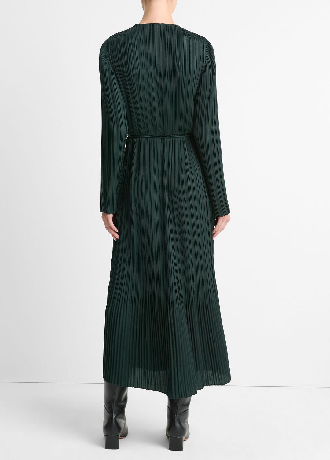 Pleated Satin Long-Sleeve Dress in Dresses & Skirts - MARINE PINE