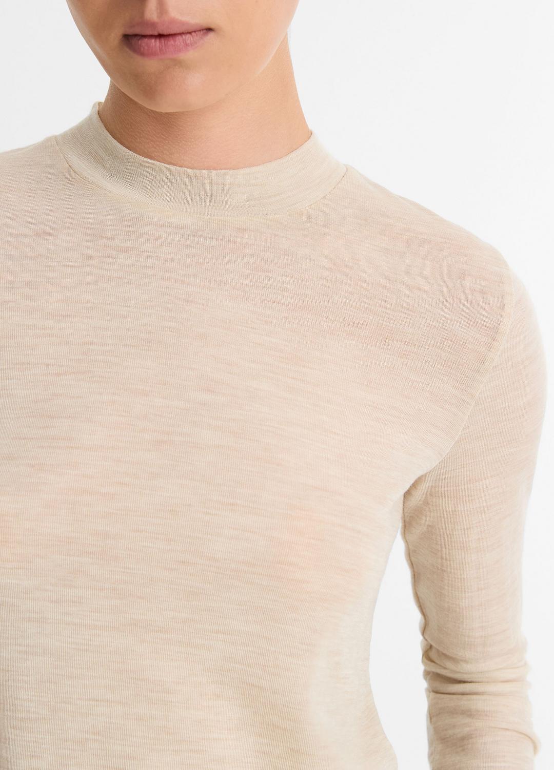 Wool Three-Quarter-Sleeve Mock-Neck Top in Shirts & Tees - LIGHT HEATHER ECRU